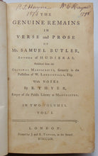 Load image into Gallery viewer, Butler, Samuel. The Genuine Remains in Verse and Prose of Mr. Samuel Butler, Author of Hudibras (2 volume set)