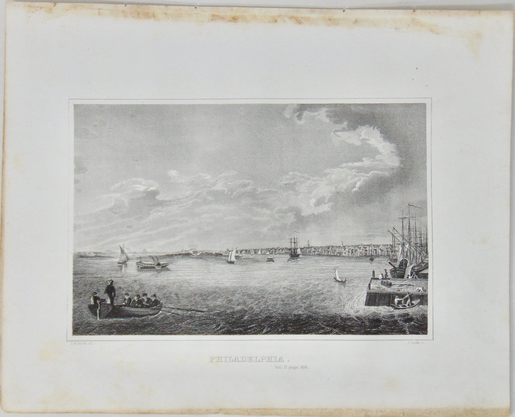 [ENGRAVING] Philadelphia with river in the foreground, sailing ships 1846