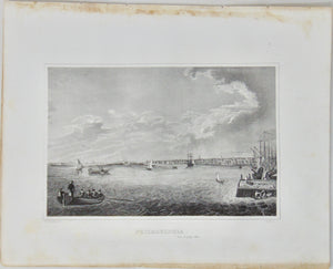 [ENGRAVING] Philadelphia with river in the foreground, sailing ships 1846
