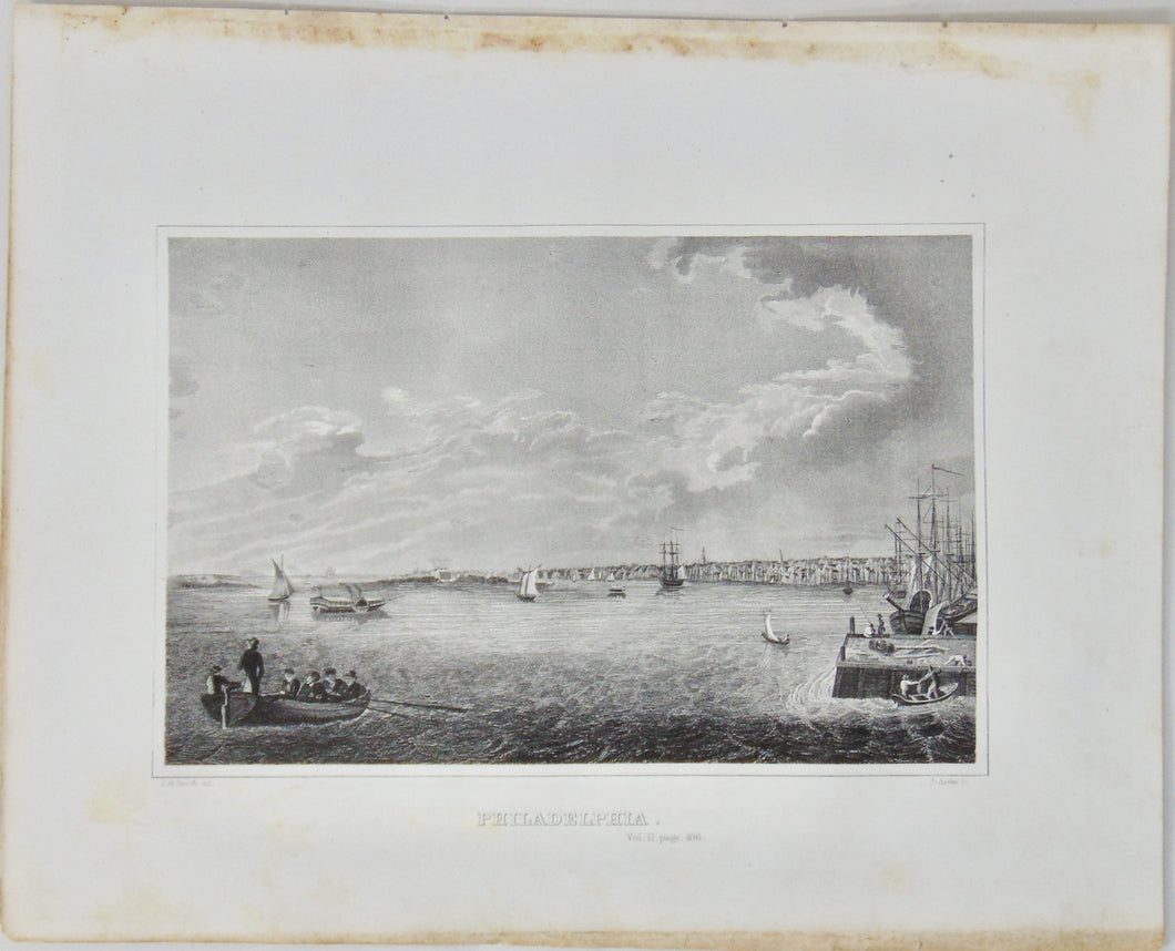 [ENGRAVING] Philadelphia with river in the foreground, sailing ships 1846
