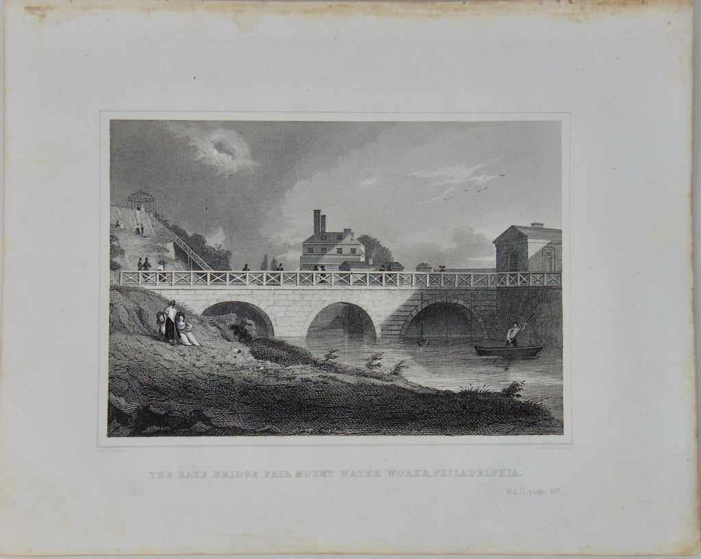 [ENGRAVING] The Race Bridge Fair Mount Water Works, Philadelphia 1846