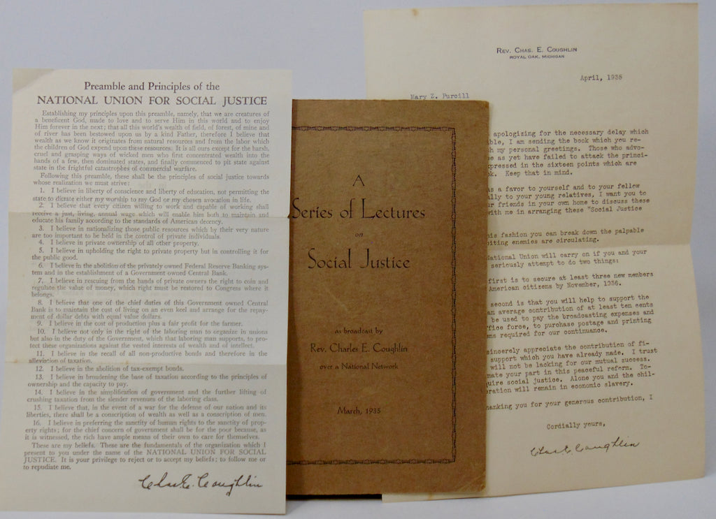 Radio Priest Charles Coughlin Series of Lectures on Social Justice with ephemera