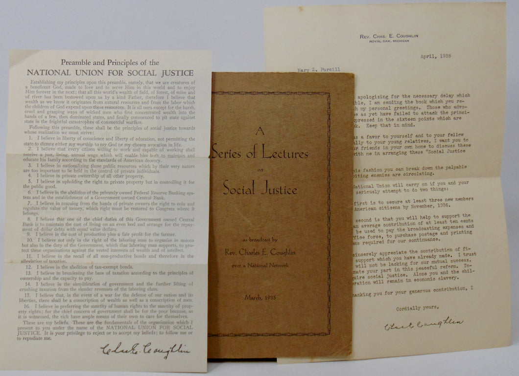 Radio Priest Charles Coughlin Series of Lectures on Social Justice with ephemera