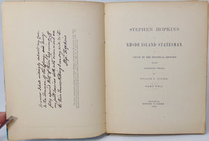 Stephen Hopkins.  A Rhode Island Statesman. Political History of 18th Century