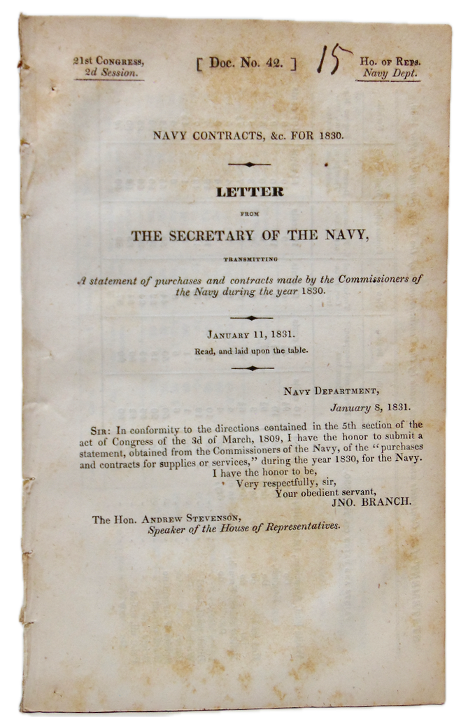 [US House Report]. US Navy Contracts, &c. for 1830