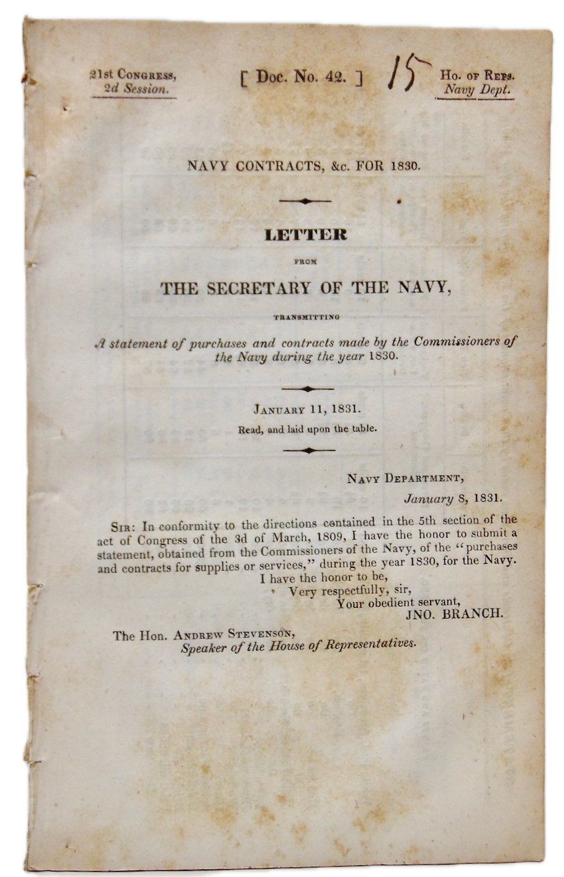 [US House Report]. US Navy Contracts, &c. for 1830