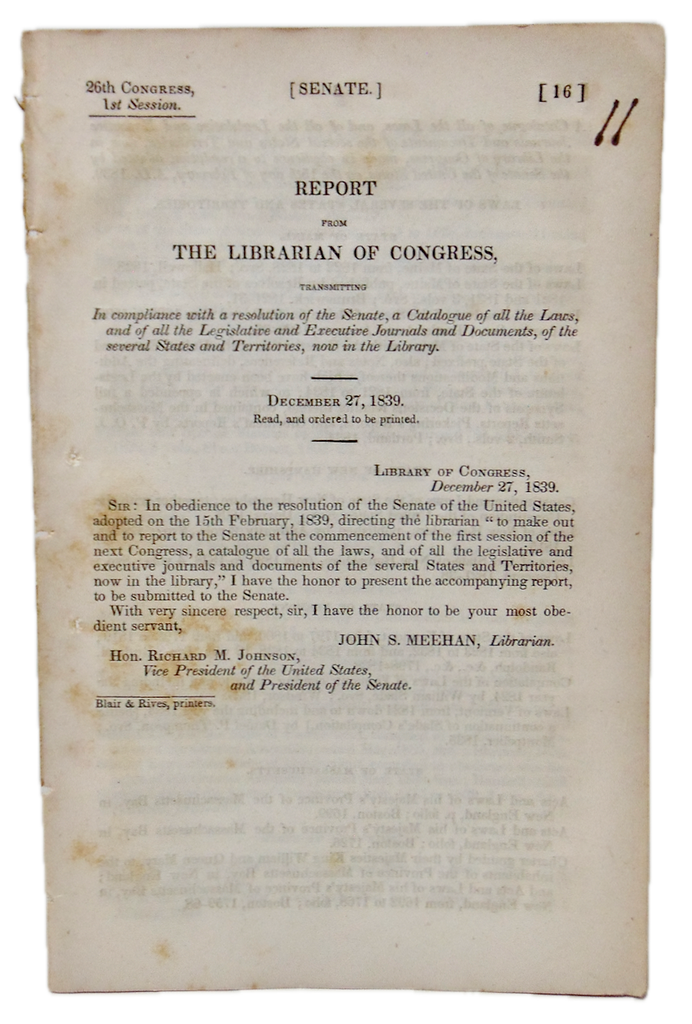 1839 Catalogue of Laws for each State & Territory, Librarian of Congress