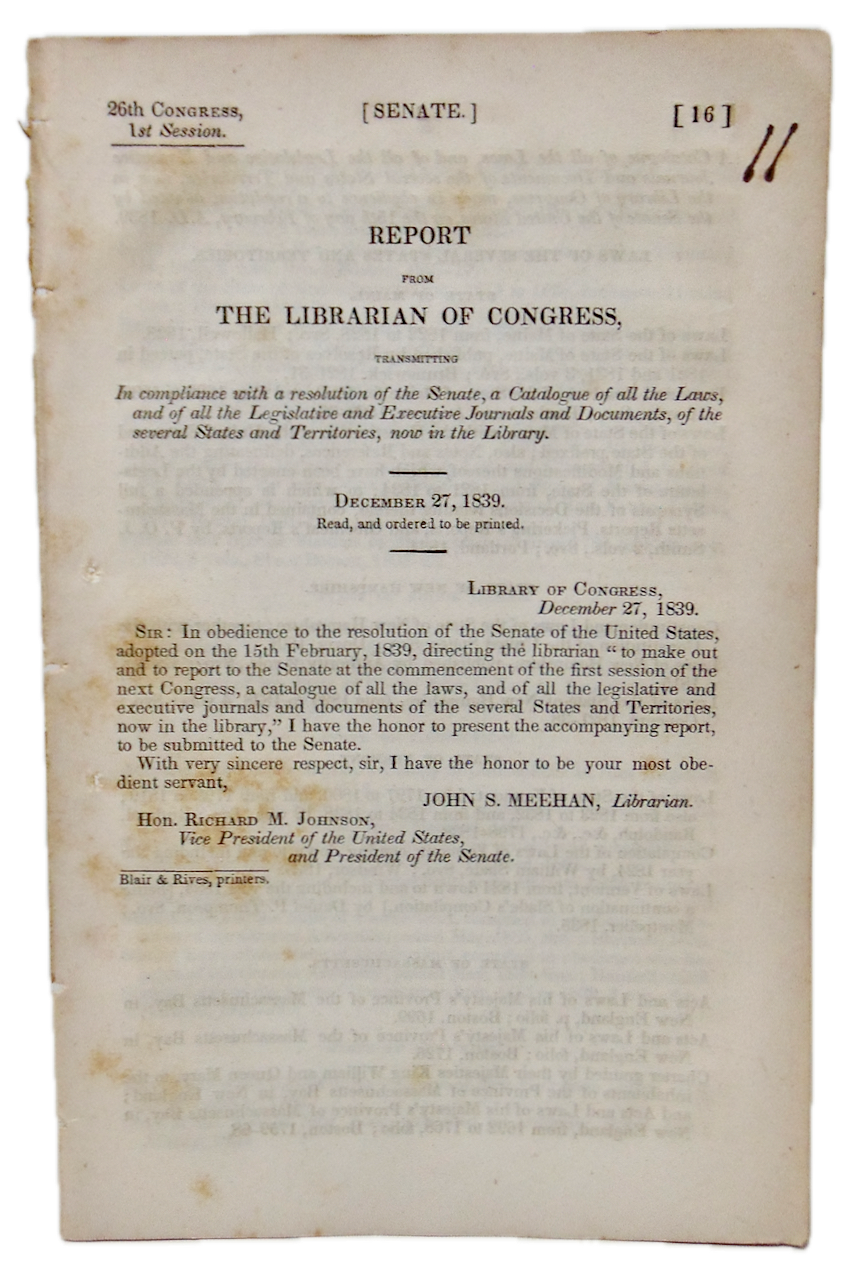 1839 Catalogue of Laws for each State & Territory, Librarian of Congress