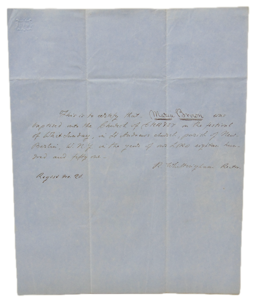 1851 Baptismal Certificate for Maria Brown, St. Andrews Church, New Berlin, NY