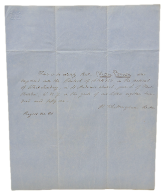 1851 Baptismal Certificate for Maria Brown, St. Andrews Church, New Berlin, NY