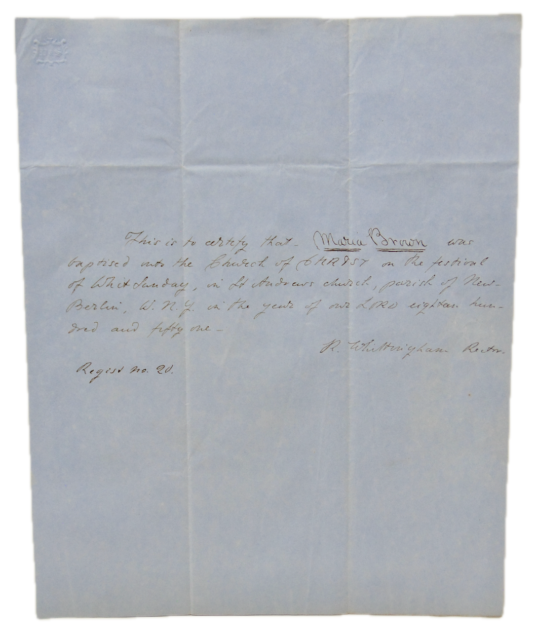 1851 Baptismal Certificate for Maria Brown, St. Andrews Church, New Berlin, NY