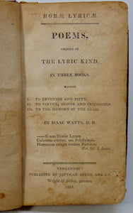 Isaac Watts.  Horae Lyricae, Sacred Poems. Vergennes, Vermont imprint 1813