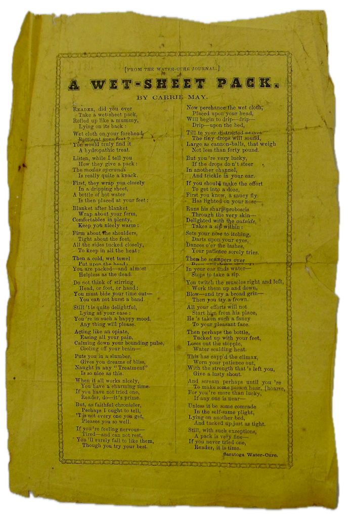[SARATOGA SPRINGS WATER CURE] A Wet-Sheet Pack Poem & Adverts