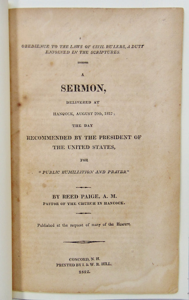 War of 1812 FAST SERMON, Obedience to Civil Rulers Enjoined in the Bible
