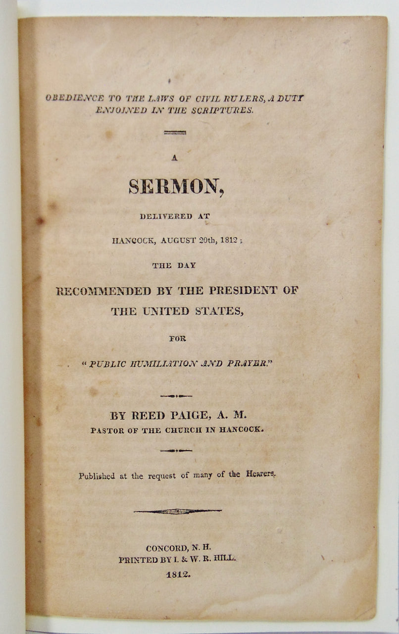 War of 1812 FAST SERMON, Obedience to Civil Rulers Enjoined in the Bible