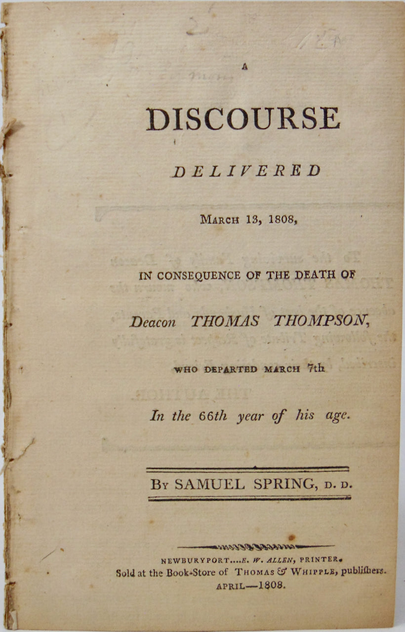 1808 Funeral Sermon for Deacon Thomas Thompson, Newburyport Massachusetts