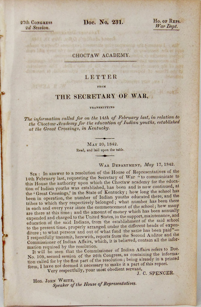 Choctaw Academy, Great Crossings, Kentucky, 1842 education of Indian youths