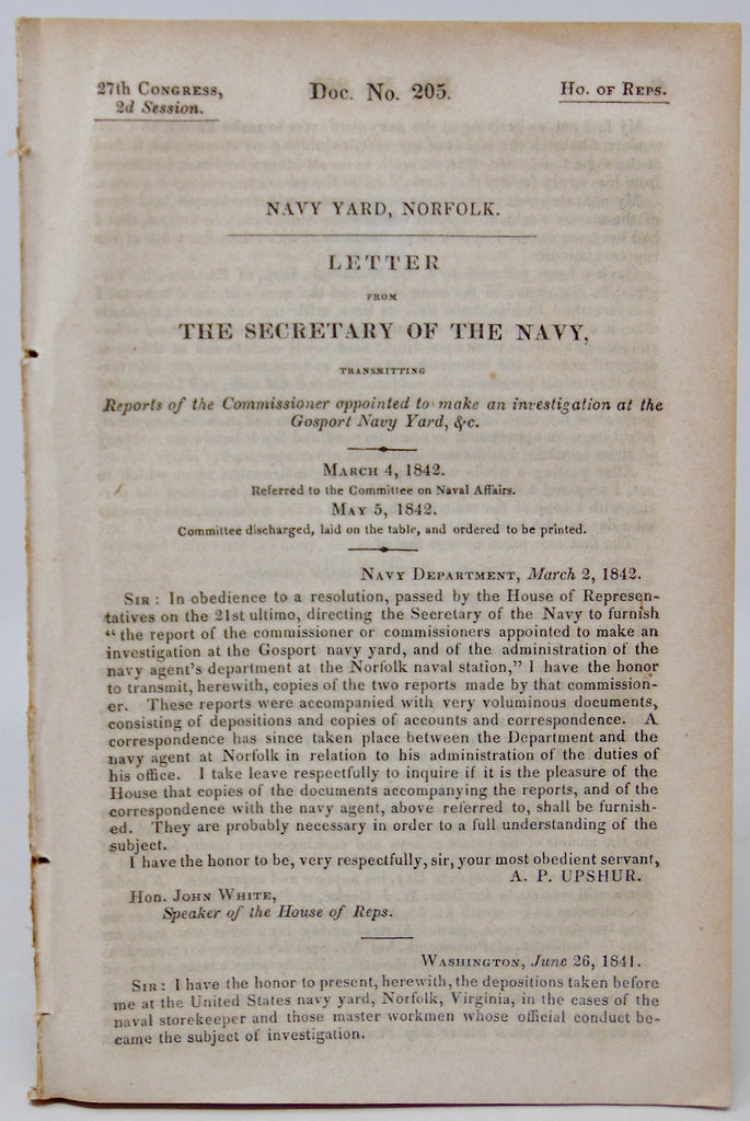 1842 Investigation Report of Norfolk Navy Yard, includes inventory