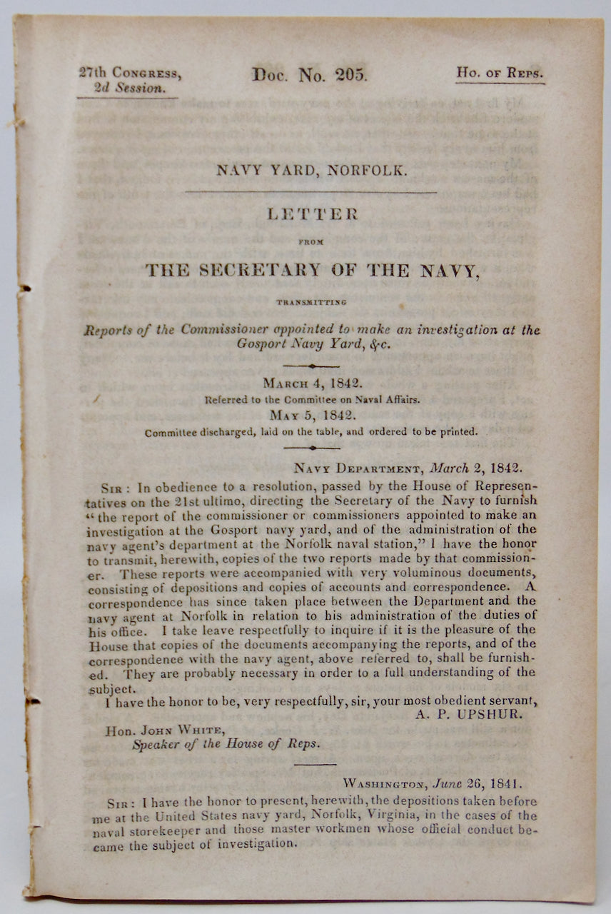 1842 Investigation Report of Norfolk Navy Yard, includes inventory
