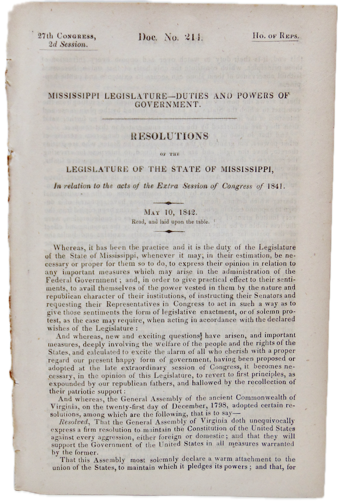 Mississippi Legislature Asserts STATES RIGHTS Doctrine in 1842