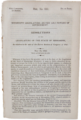 Mississippi Legislature Asserts STATES RIGHTS Doctrine in 1842