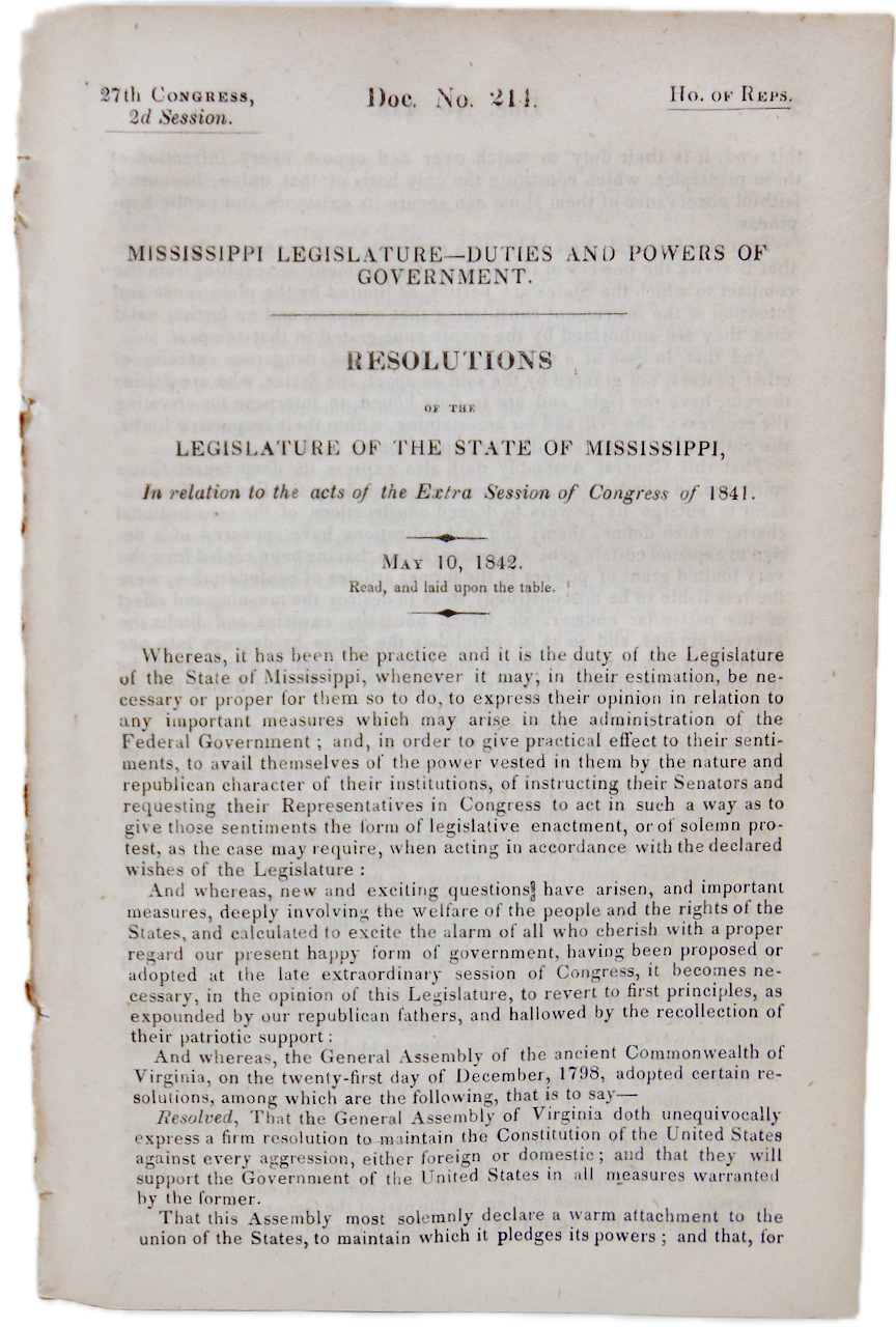 Mississippi Legislature Asserts STATES RIGHTS Doctrine in 1842