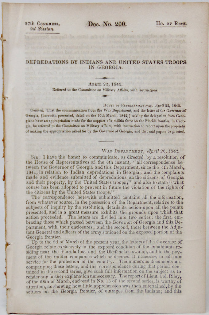 Depredations by Florida Indians and United States Troops in Georgia (1842)
