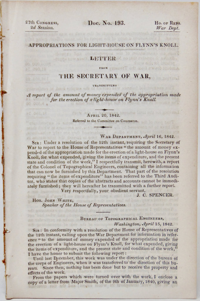 1842 Light House Building & Expenses, Governor's Island near Manhattan