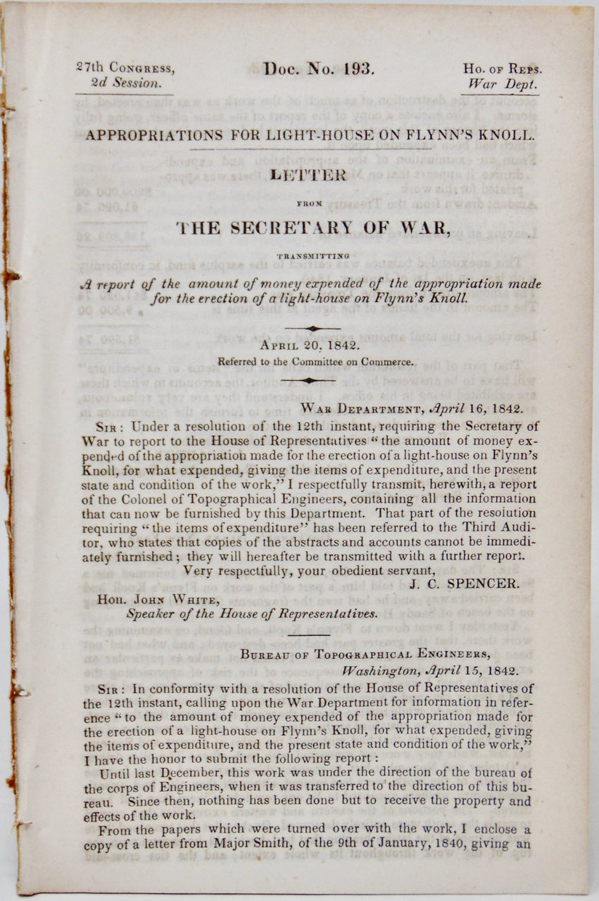 1842 Light House Building & Expenses, Governor's Island near Manhattan