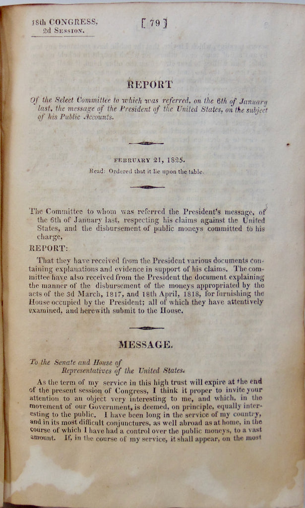 President James Monroe Defends His Public Expenses, Seeks Compensation 1825