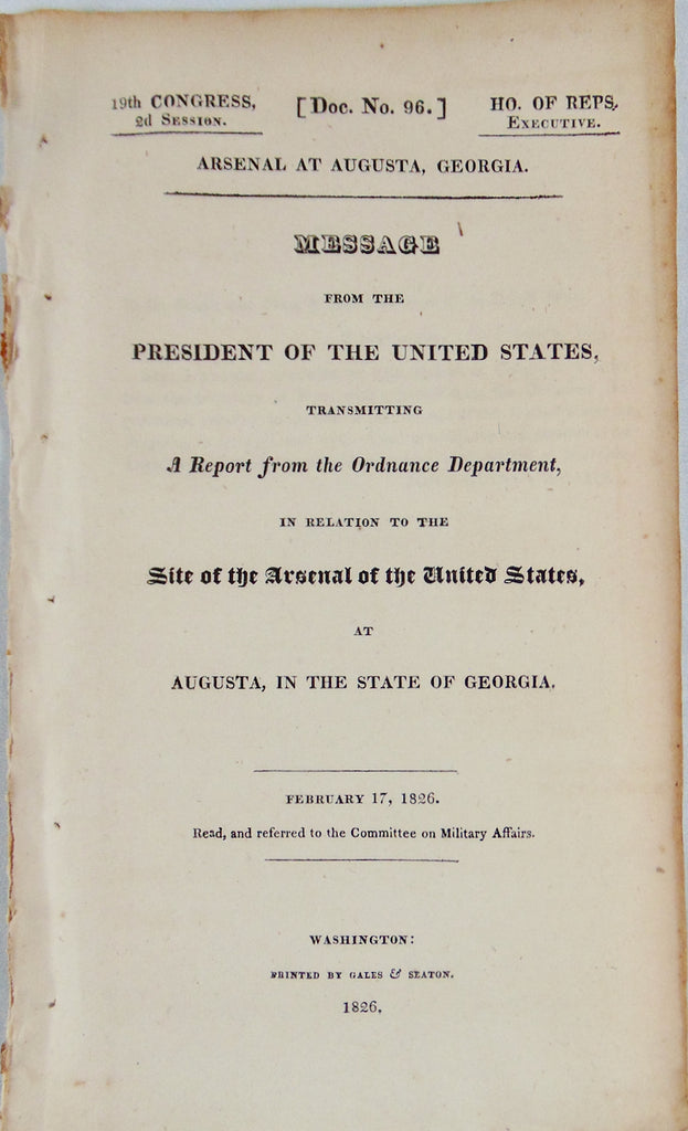 1826 US Arsenal at Augusta Producing Disease and Death, must be Moved