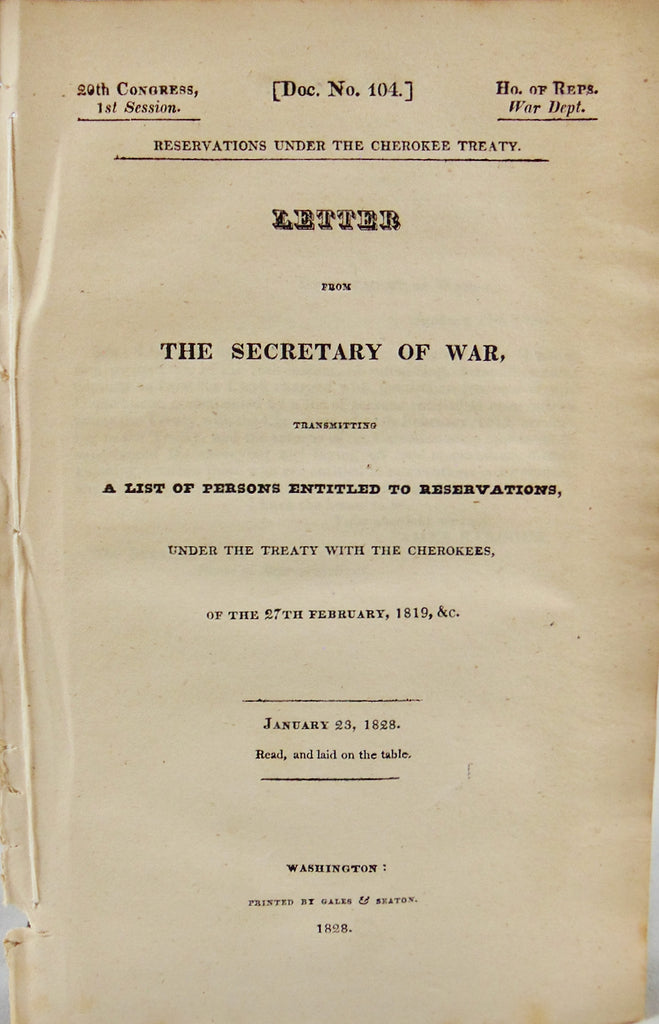 Names of Cherokee Indians entitled to Reservation Land under the Treaty of 1819
