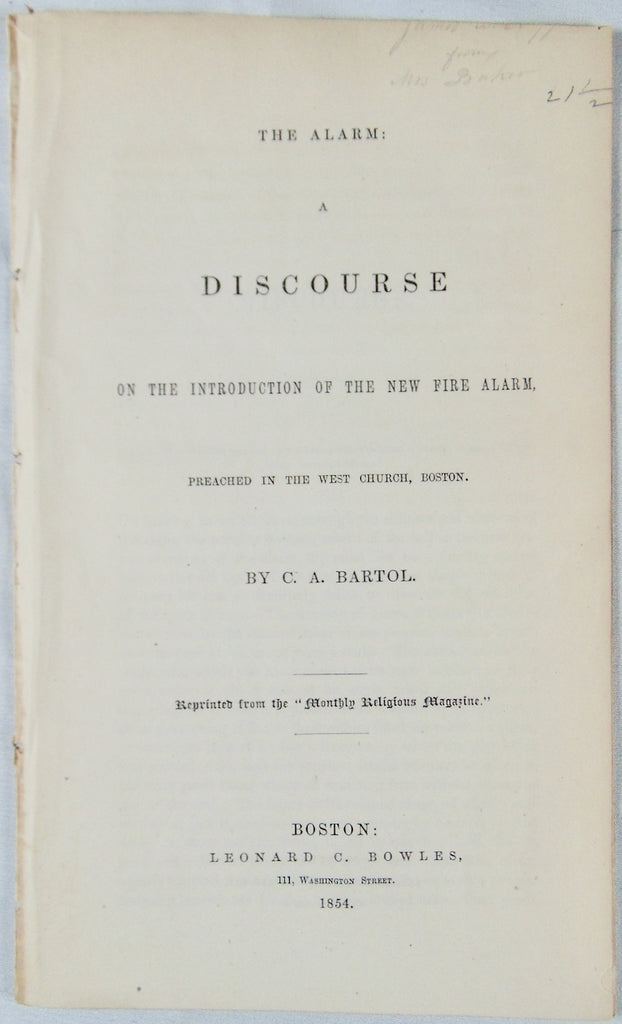 1854 Unitarian Sermon on the New Fire Alarm, West Church, Boston