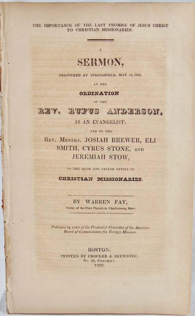 1826 Ordination of Missionary Rufus Anderson, Promise of Christ to Missionaries