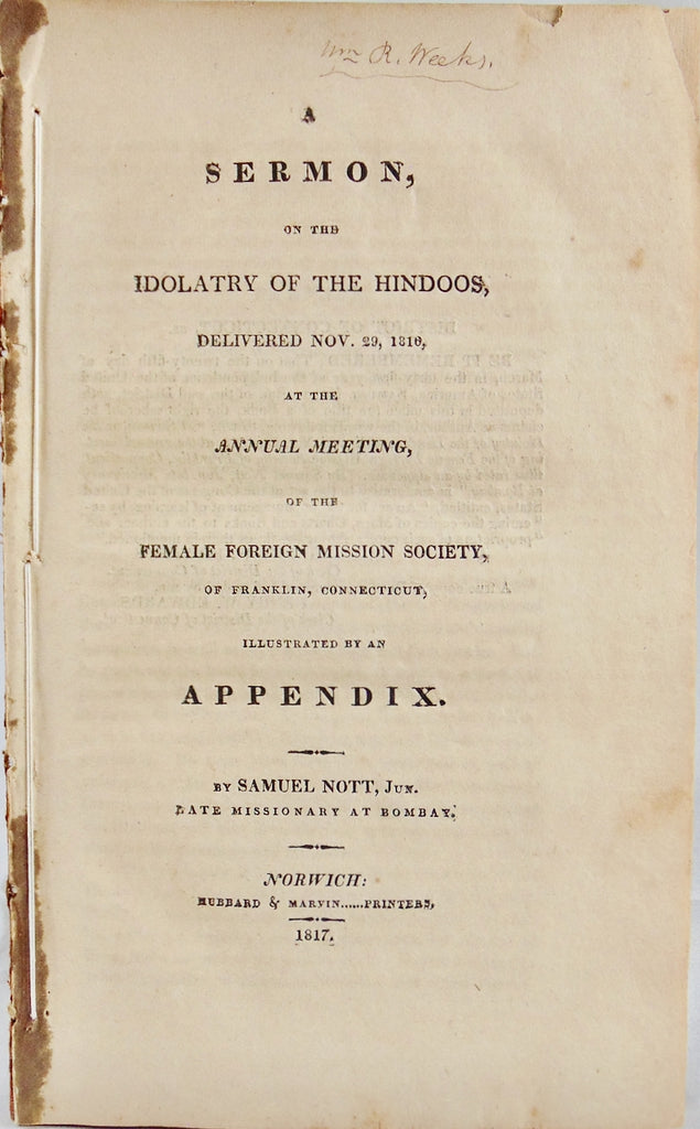 1817 A Sermon, on the Idolatry of the Hindoos, by Missionary to India