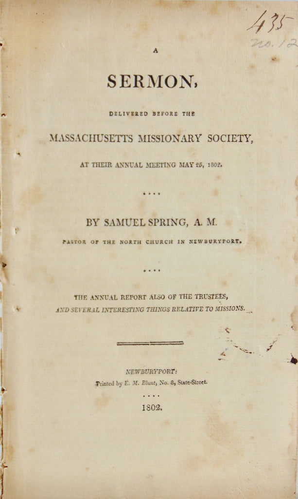 Samuel Spring 1802 Sermon, Massachusetts Missionary Society