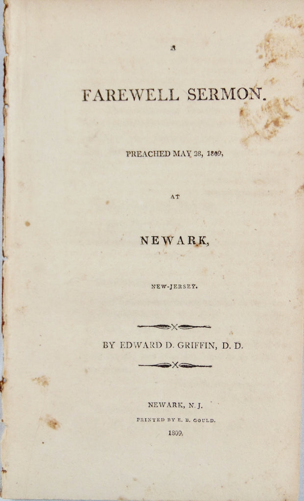 Edward Dorr Griffin, 1809 Farewell Sermon, Newark, NJ