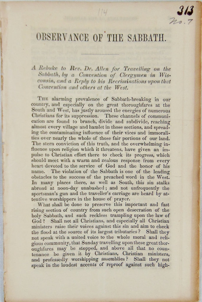 1847 Wisconsin Ministers Rebuke Fellow Minister for Sunday Travel
