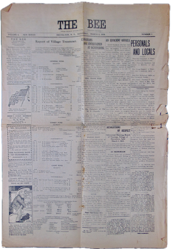 The Bee, March 8, 1919. Heuvelton, N. Y.