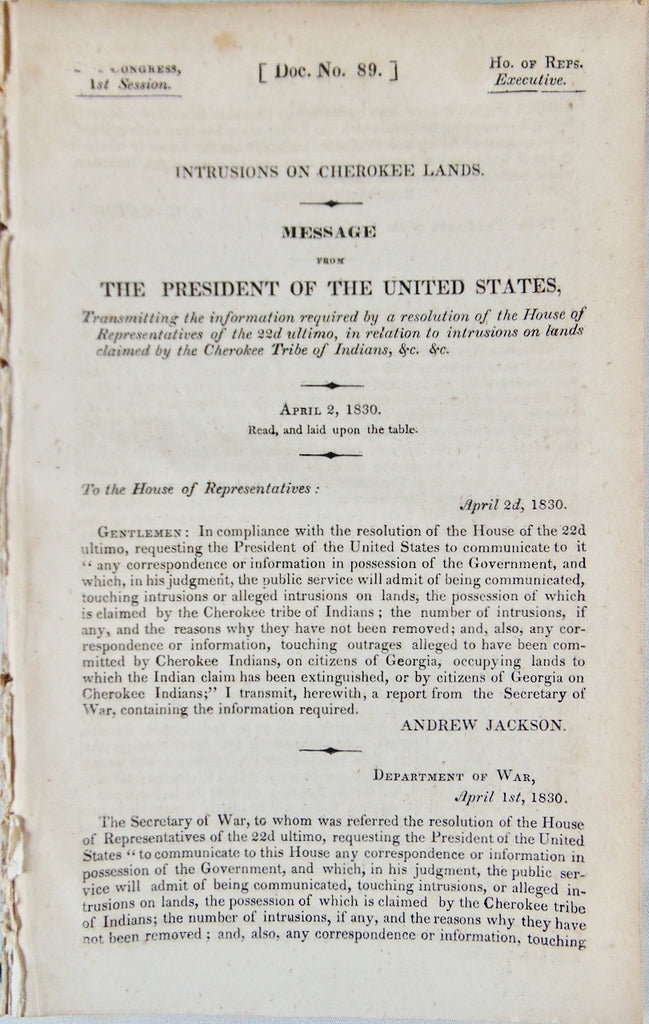 President Andrew Jackson reports on Intrusions on Cherokee Lands (1830)