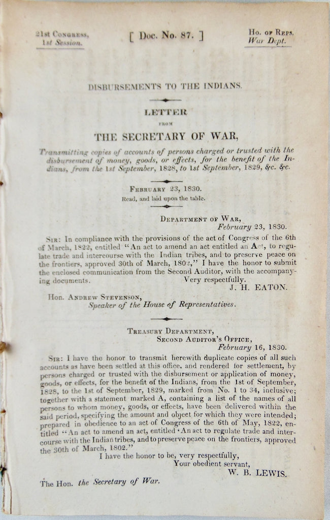 1830 Payments to and for American Indians under President Andrew Jackson