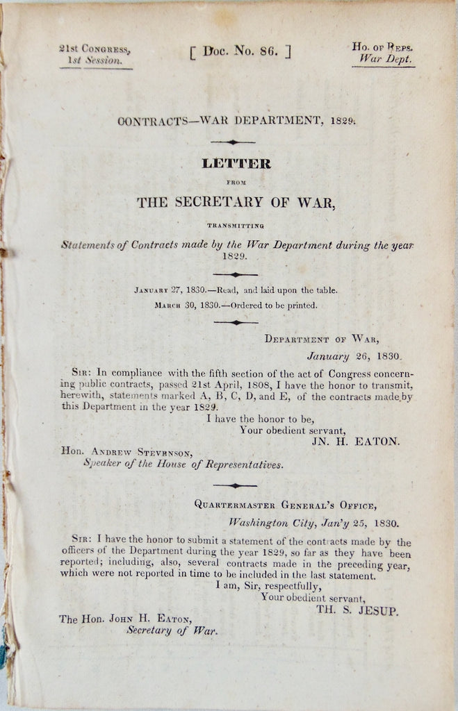 US War Department Contracts for 1829