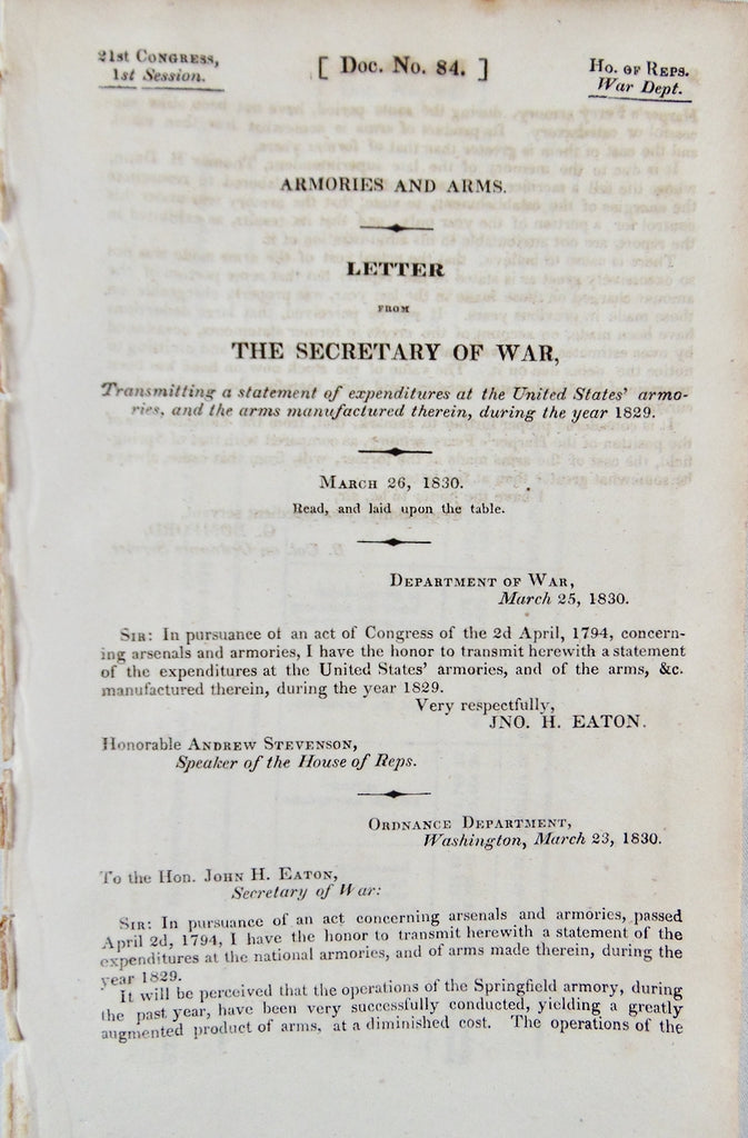 Armories and Arms 1829 Production Report, Springfield & Harper's Ferry