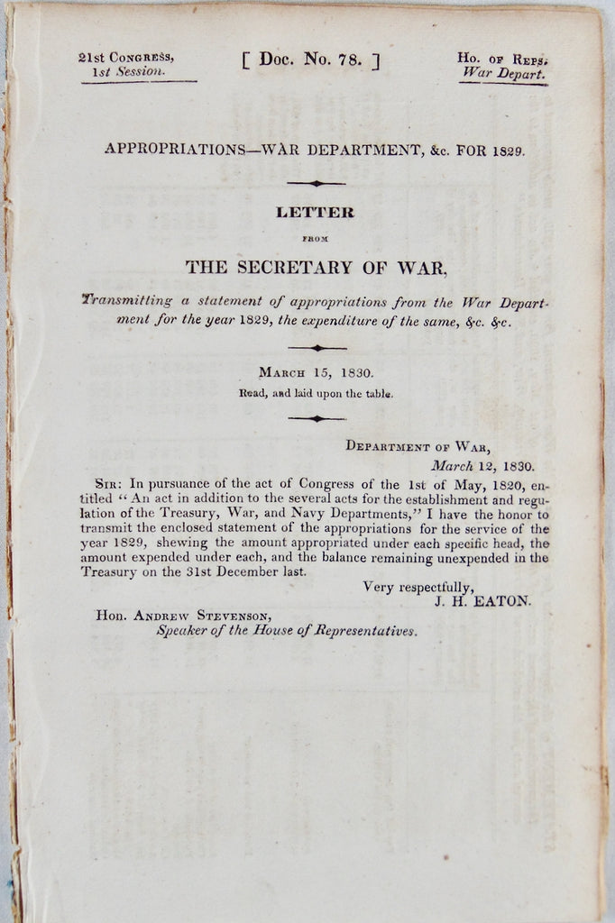 1829 United States War Department Purchases