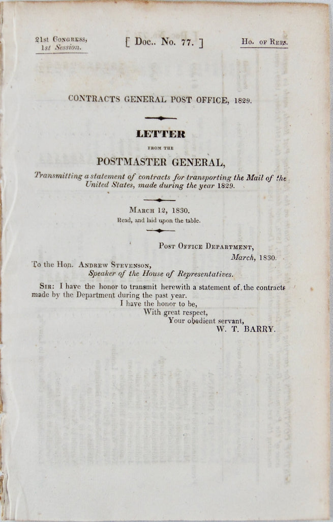 1829 United States Postal Routes and Contracts