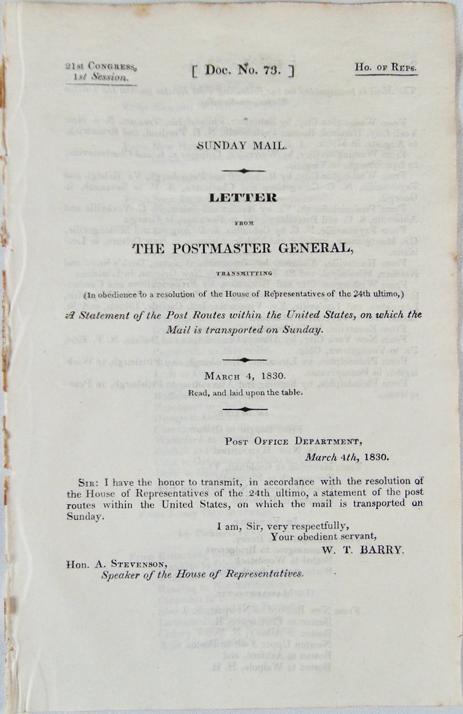 Federal Sabbath Breaking, United States Sunday Mail Routes, 1830