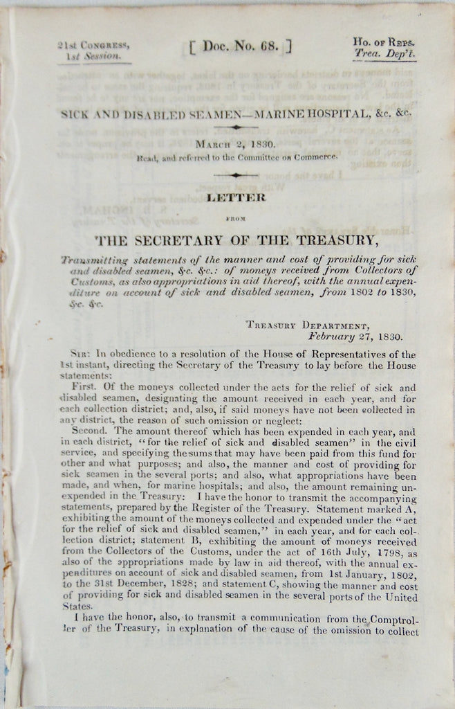 1830 Records of Care for United States Sick & Disabled Seamen