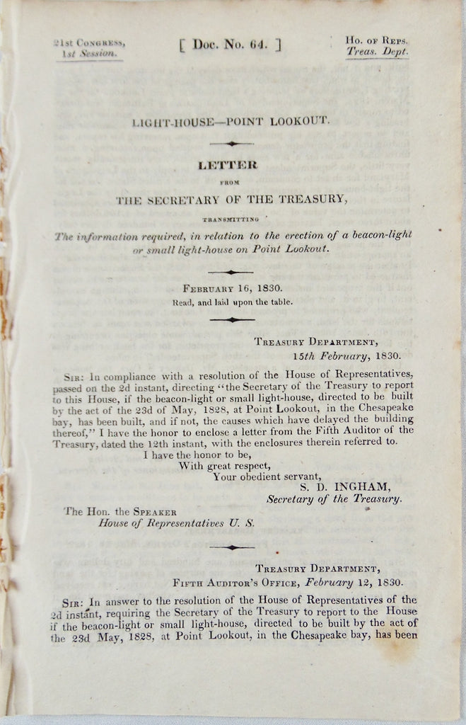 1830 Report on Building a Light House at Point Lookout, Chesapeake Bay