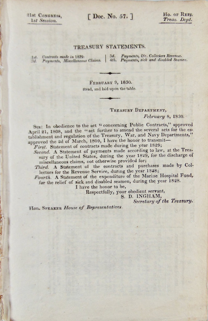 Treasury Statements.  1830 United States Government Expenses