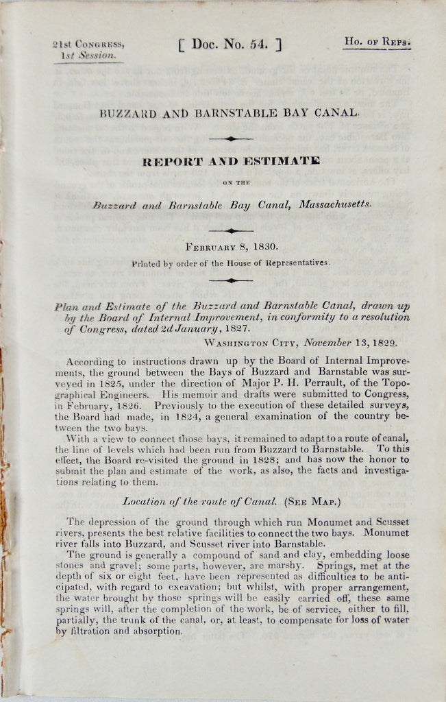 1830 Report and Estimate on the Buzzard and Barnstable Bay Canal, Massachusetts